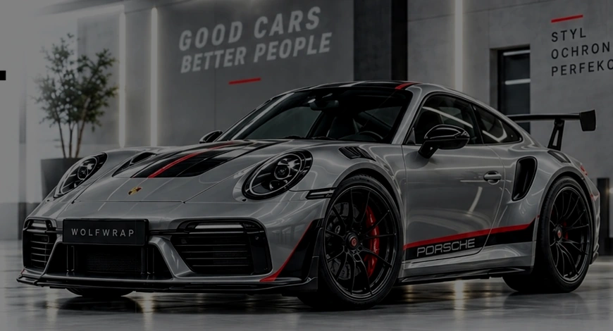 Srebrne Porsche w przyciemnionym ujęciu studyjnym