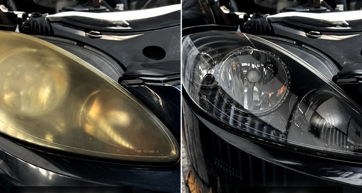 Regeneracja lamp samochodowych — reflektor przed i po renowacji
